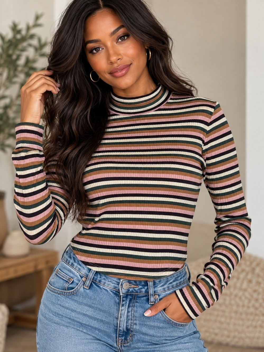 Alternative Y2K Striped Ribbed Mock Neck Long Sleeve Top —NOCTEX Size L